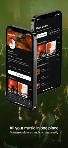 Music Coast app screens showing artist profile and music studio tools.