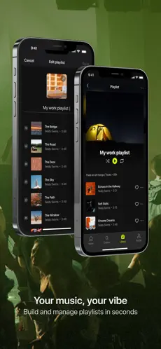 Music Coast app screens showing playlist creation and playlist playback.