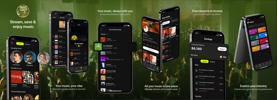 Music Coast mobile app preview screens