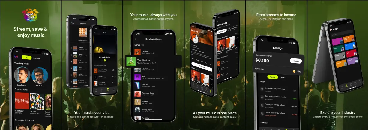 Music Coast app views for streaming, downloads, playlists, artist tools, and earnings